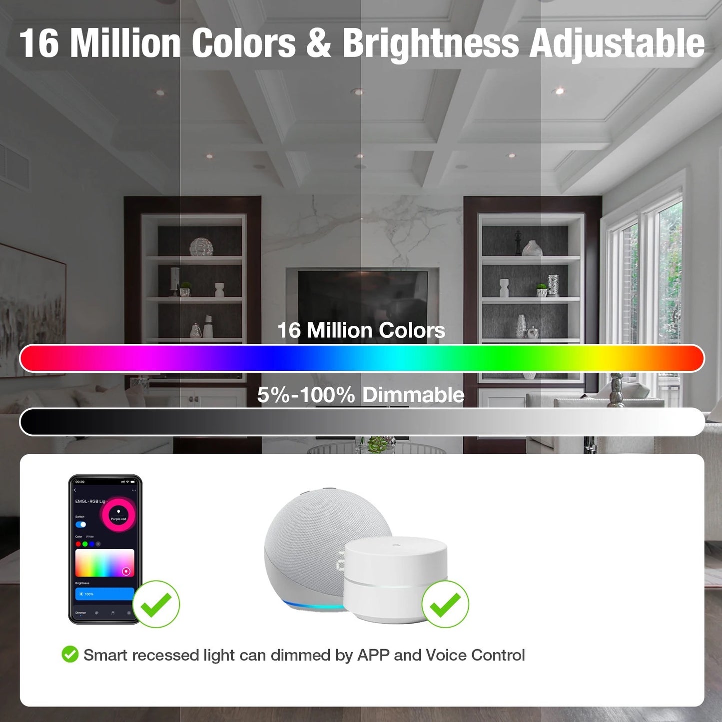 4inch square Smart Wifi LED Recessed Lights,RGBCW Color Changing Recessed Lighting,Compatible with Alexa and Google Home Assistant,No Hub Required,10W 2700K-6500K,CRI90+ WET